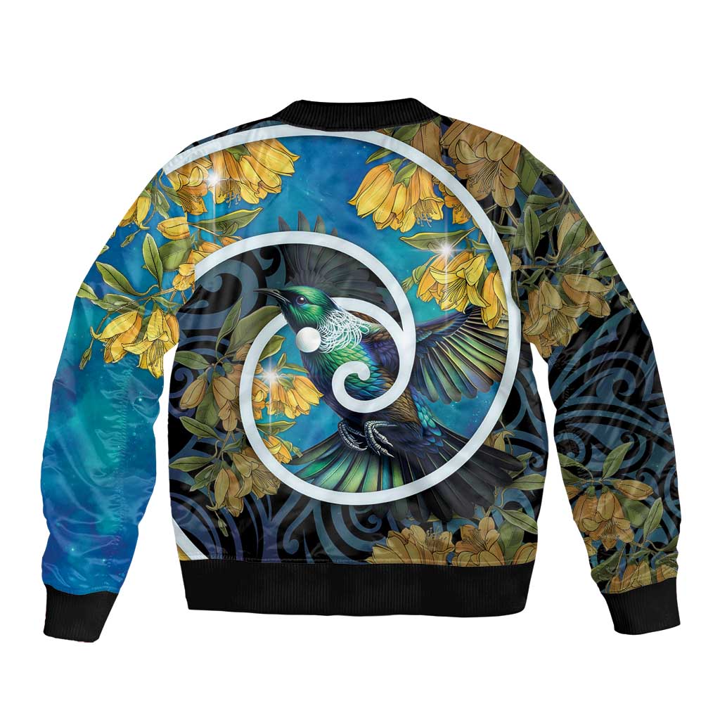 New Zealand Tui Bird Sleeve Zip Bomber Jacket Maori Koru With Kowhai Flowers