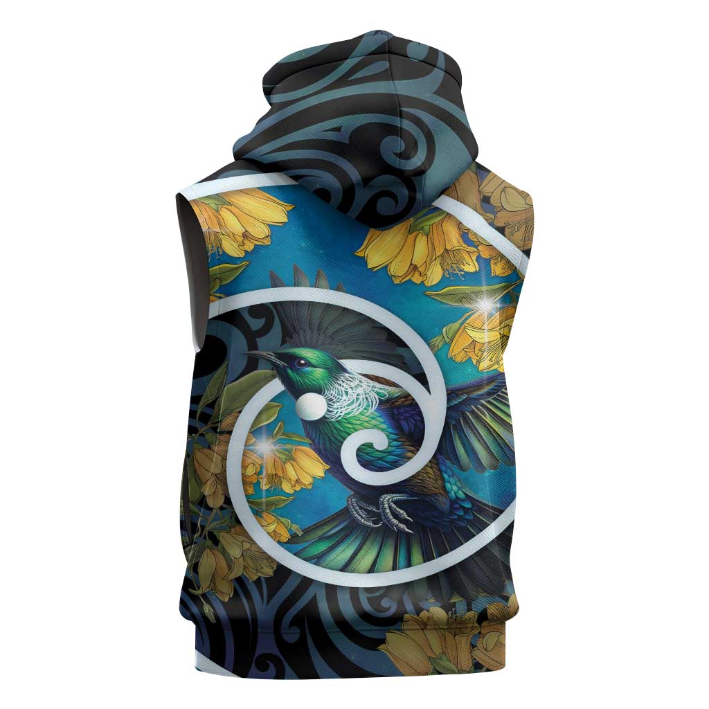 New Zealand Tui Bird Sleeveless Hoodie Maori Koru With Kowhai Flowers
