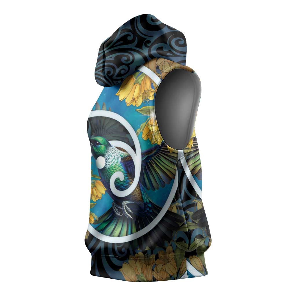 New Zealand Tui Bird Sleeveless Hoodie Maori Koru With Kowhai Flowers