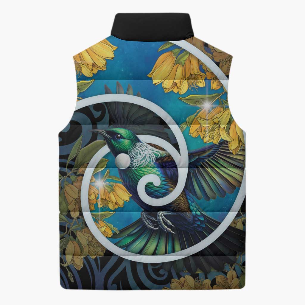 New Zealand Tui Bird Sleeveless Puffer Jacket Maori Koru With Kowhai Flowers