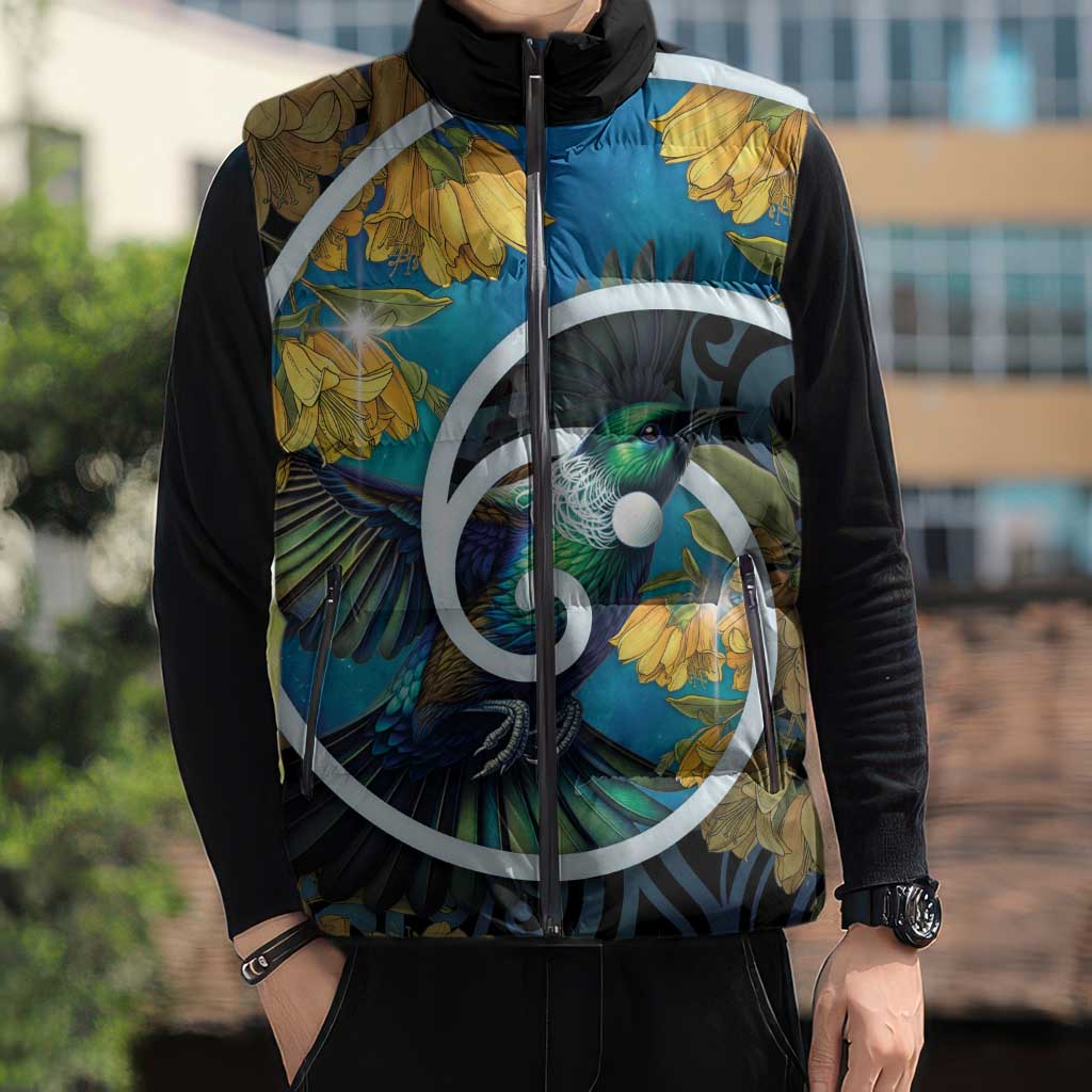 New Zealand Tui Bird Sleeveless Puffer Jacket Maori Koru With Kowhai Flowers