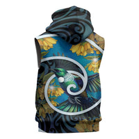 New Zealand Tui Bird Sleeveless Zip Hoodie Maori Koru With Kowhai Flowers