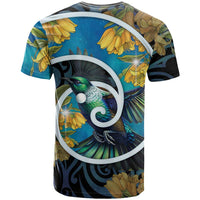 New Zealand Tui Bird T Shirt Maori Koru With Kowhai Flowers
