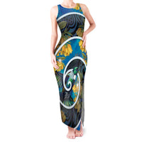 New Zealand Tui Bird Tank Maxi Dress Maori Koru With Kowhai Flowers