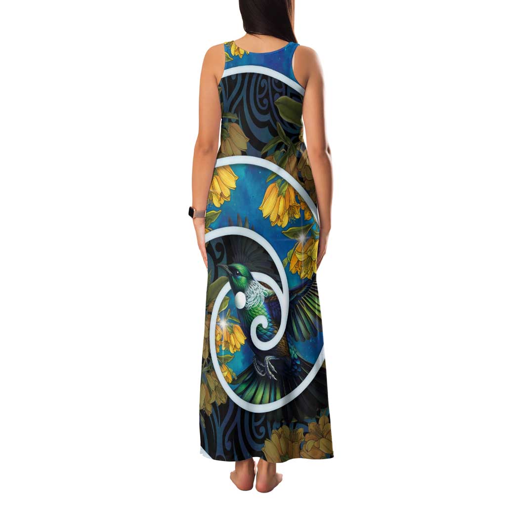 New Zealand Tui Bird Tank Maxi Dress Maori Koru With Kowhai Flowers