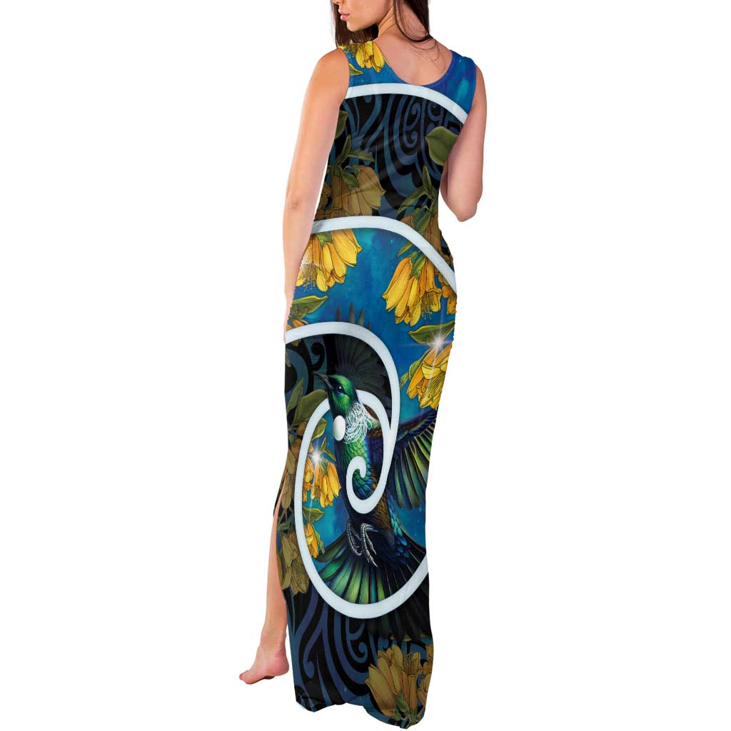 New Zealand Tui Bird Tank Maxi Dress Maori Koru With Kowhai Flowers