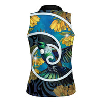 New Zealand Tui Bird Women Sleeveless Polo Shirt Maori Koru With Kowhai Flowers