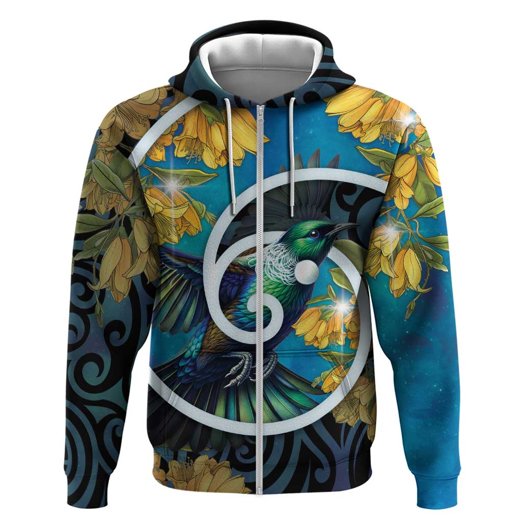 New Zealand Tui Bird Zip Hoodie Maori Koru With Kowhai Flowers