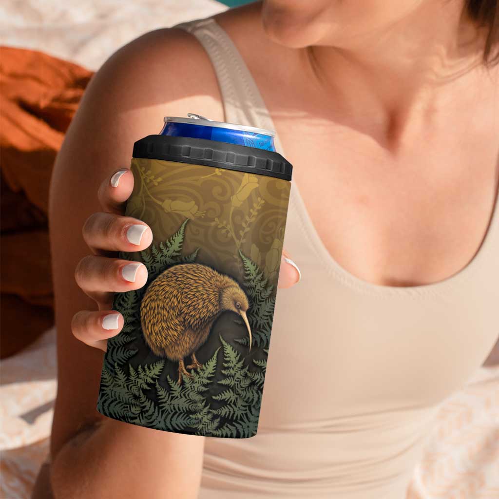 New Zealand Kiwi Bird 4 in 1 Can Cooler Tumbler Silver Fern Mix Maori Pattern
