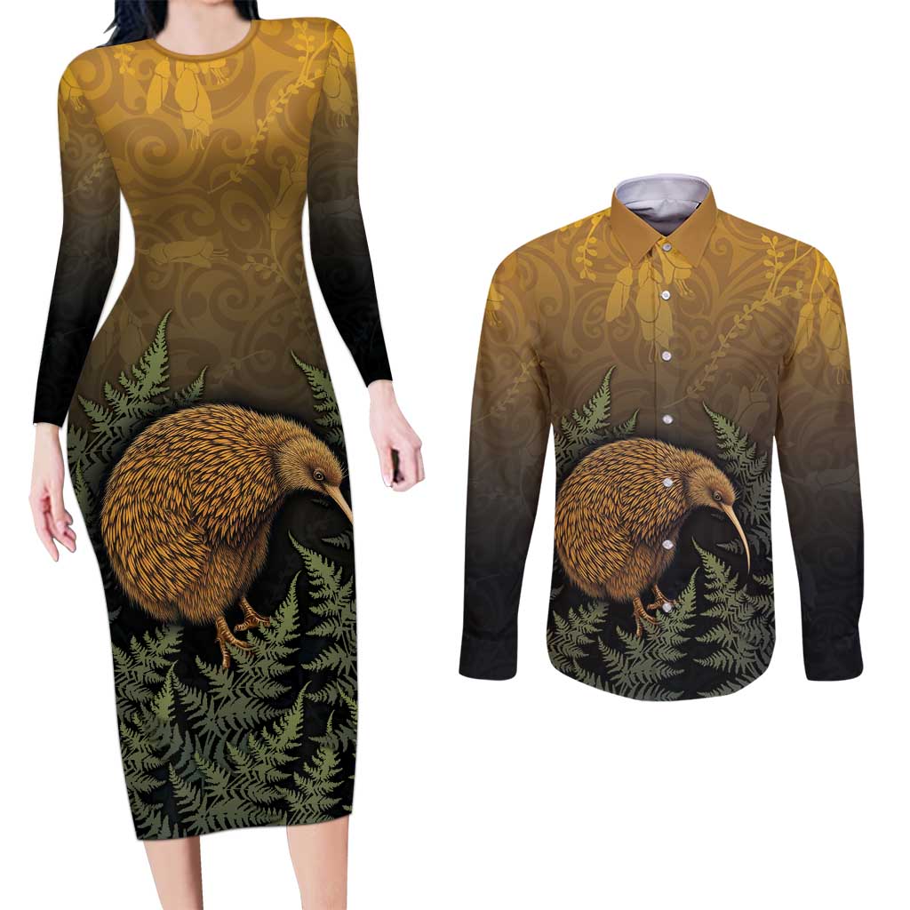 New Zealand Kiwi Bird Couples Matching Long Sleeve Bodycon Dress and Long Sleeve Button Shirt Silver Fern Mix Maori Pattern