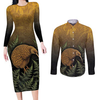 New Zealand Kiwi Bird Couples Matching Long Sleeve Bodycon Dress and Long Sleeve Button Shirt Silver Fern Mix Maori Pattern