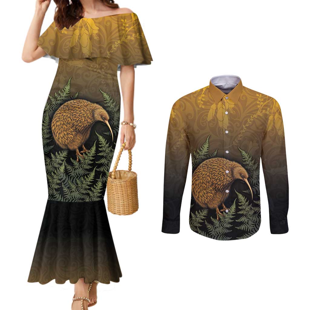 New Zealand Kiwi Bird Couples Matching Mermaid Dress and Long Sleeve Button Shirt Silver Fern Mix Maori Pattern