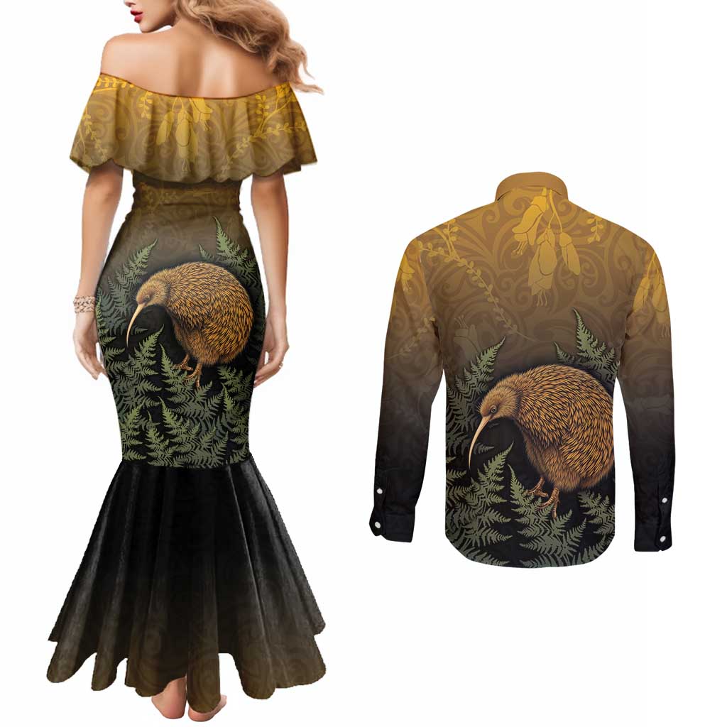 New Zealand Kiwi Bird Couples Matching Mermaid Dress and Long Sleeve Button Shirt Silver Fern Mix Maori Pattern