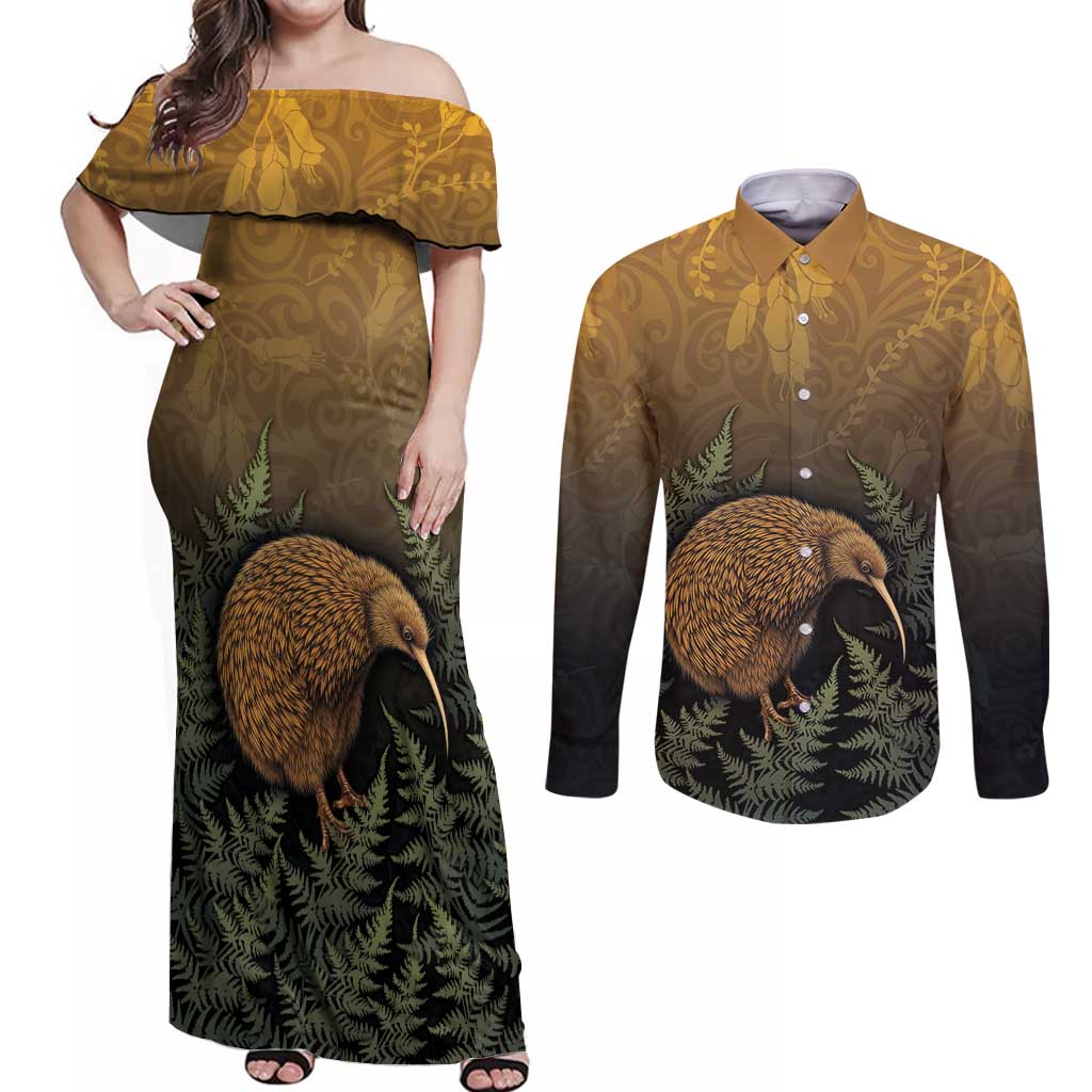 New Zealand Kiwi Bird Couples Matching Off Shoulder Maxi Dress and Long Sleeve Button Shirt Silver Fern Mix Maori Pattern