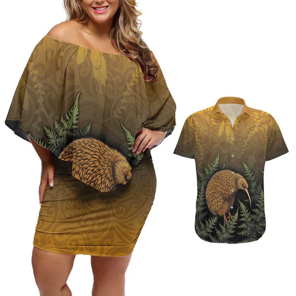 New Zealand Kiwi Bird Couples Matching Off Shoulder Short Dress and Hawaiian Shirt Silver Fern Mix Maori Pattern LT05 Brown - Polynesian Pride