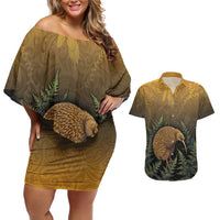 New Zealand Kiwi Bird Couples Matching Off Shoulder Short Dress and Hawaiian Shirt Silver Fern Mix Maori Pattern LT05 Brown - Polynesian Pride