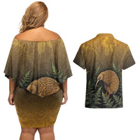 New Zealand Kiwi Bird Couples Matching Off Shoulder Short Dress and Hawaiian Shirt Silver Fern Mix Maori Pattern LT05 - Polynesian Pride
