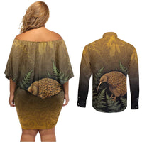 New Zealand Kiwi Bird Couples Matching Off Shoulder Short Dress and Long Sleeve Button Shirt Silver Fern Mix Maori Pattern
