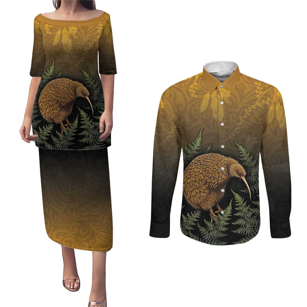 New Zealand Kiwi Bird Couples Matching Puletasi and Long Sleeve Button Shirt Silver Fern Mix Maori Pattern