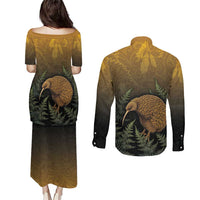 New Zealand Kiwi Bird Couples Matching Puletasi and Long Sleeve Button Shirt Silver Fern Mix Maori Pattern