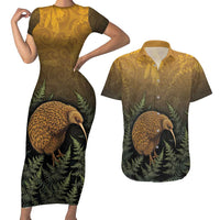 New Zealand Kiwi Bird Couples Matching Short Sleeve Bodycon Dress and Hawaiian Shirt Silver Fern Mix Maori Pattern