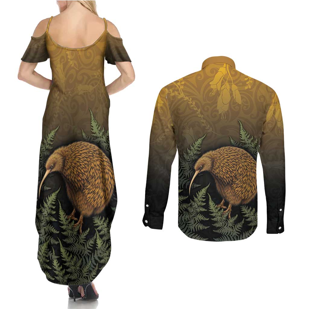 New Zealand Kiwi Bird Couples Matching Summer Maxi Dress and Long Sleeve Button Shirt Silver Fern Mix Maori Pattern