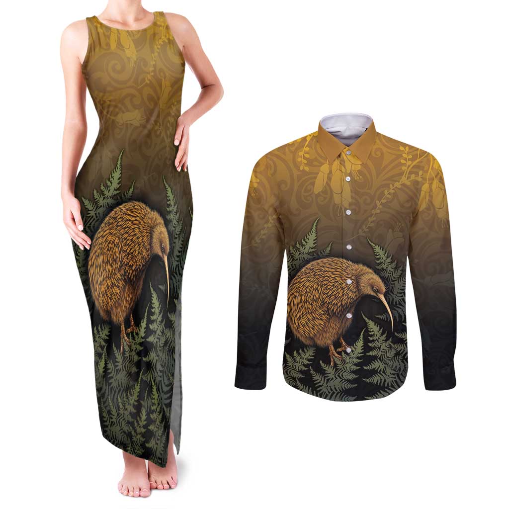New Zealand Kiwi Bird Couples Matching Tank Maxi Dress and Long Sleeve Button Shirt Silver Fern Mix Maori Pattern