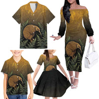 New Zealand Kiwi Bird Family Matching Off The Shoulder Long Sleeve Dress and Hawaiian Shirt Silver Fern Mix Maori Pattern