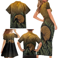 New Zealand Kiwi Bird Family Matching Short Sleeve Bodycon Dress and Hawaiian Shirt Silver Fern Mix Maori Pattern