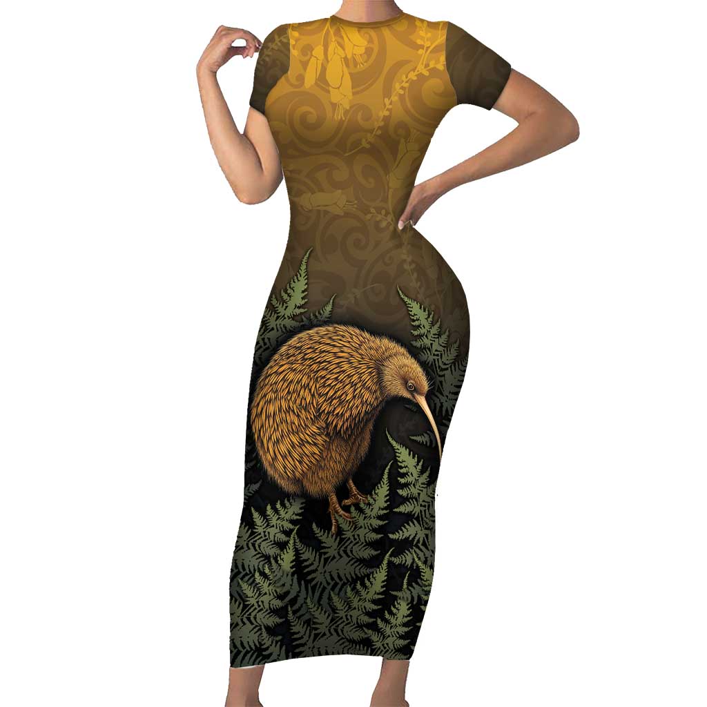 New Zealand Kiwi Bird Family Matching Short Sleeve Bodycon Dress and Hawaiian Shirt Silver Fern Mix Maori Pattern