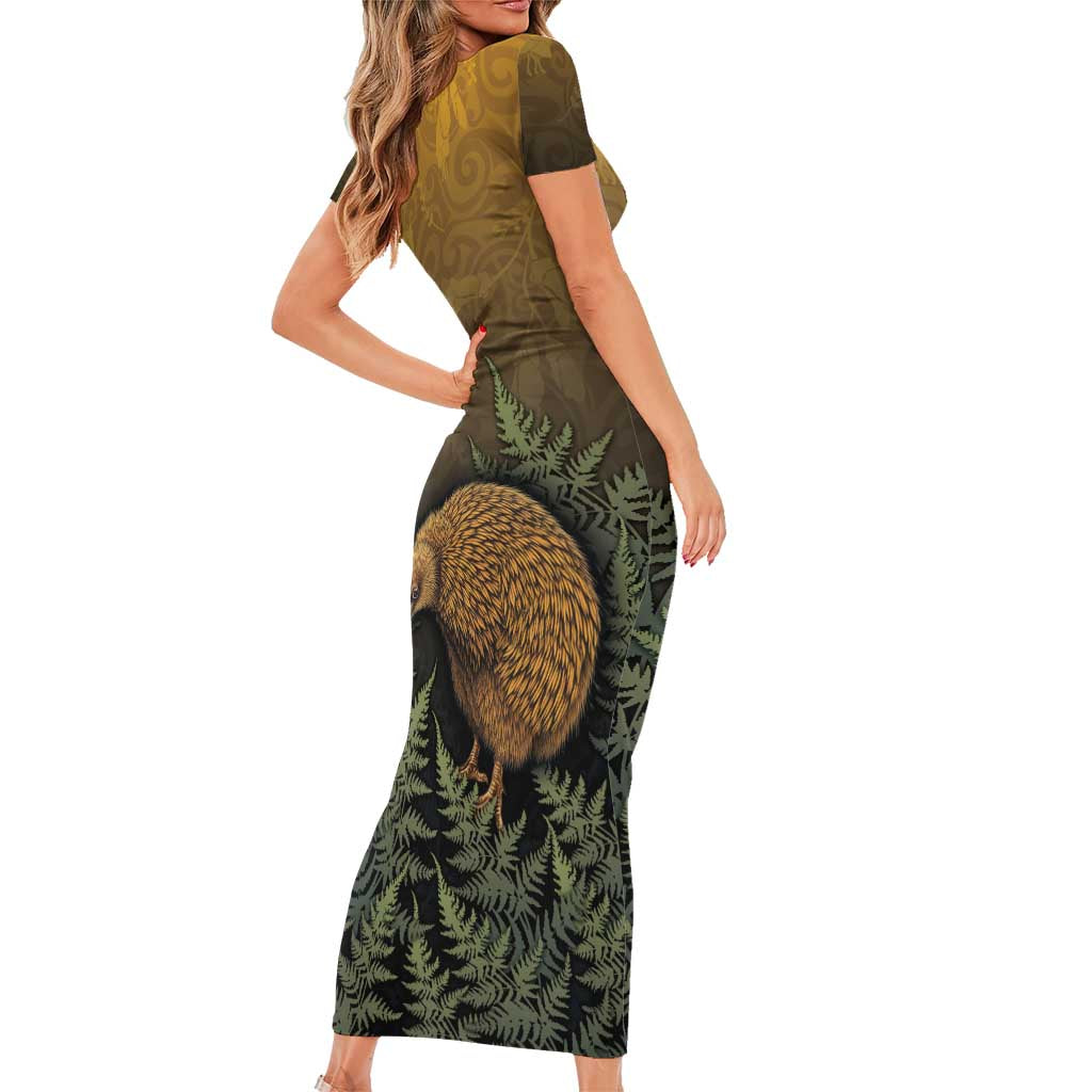 New Zealand Kiwi Bird Family Matching Short Sleeve Bodycon Dress and Hawaiian Shirt Silver Fern Mix Maori Pattern