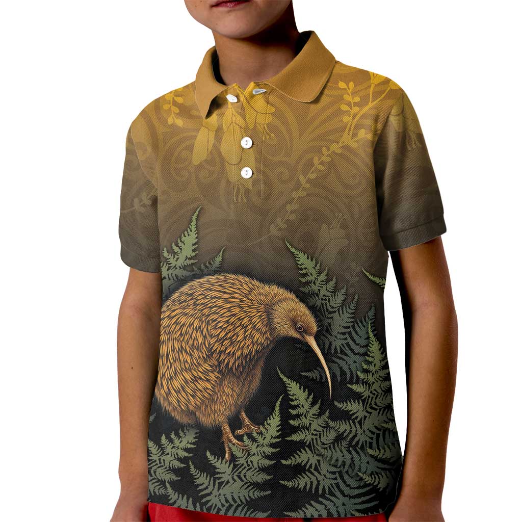 New Zealand Kiwi Bird Kid Polo Shirt Silver Fern Mix Maori Pattern