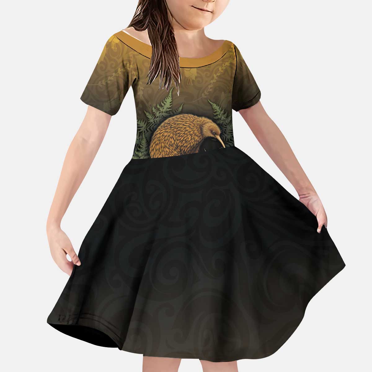 New Zealand Kiwi Bird Kid Short Sleeve Dress Silver Fern Mix Maori Pattern