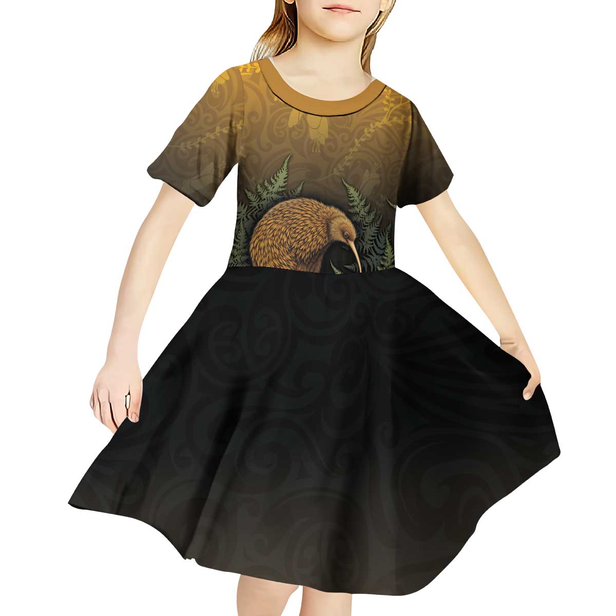 New Zealand Kiwi Bird Kid Short Sleeve Dress Silver Fern Mix Maori Pattern