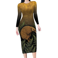 New Zealand Kiwi Bird Long Sleeve Bodycon Dress Silver Fern Mix Maori Pattern
