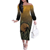 New Zealand Kiwi Bird Off The Shoulder Long Sleeve Dress Silver Fern Mix Maori Pattern