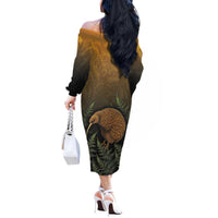 New Zealand Kiwi Bird Off The Shoulder Long Sleeve Dress Silver Fern Mix Maori Pattern