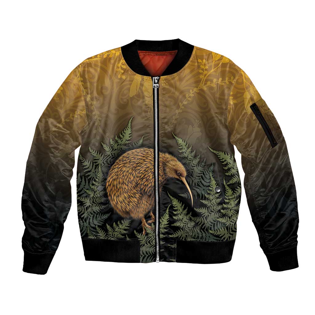 New Zealand Kiwi Bird Sleeve Zip Bomber Jacket Silver Fern Mix Maori Pattern LT05 Unisex Brown - Polynesian Pride