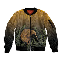 New Zealand Kiwi Bird Sleeve Zip Bomber Jacket Silver Fern Mix Maori Pattern LT05 Unisex Brown - Polynesian Pride