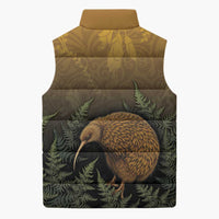 New Zealand Kiwi Bird Sleeveless Puffer Jacket Silver Fern Mix Maori Pattern