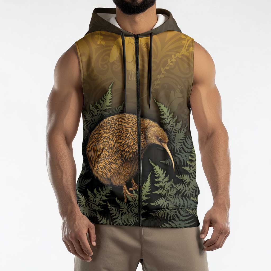 New Zealand Kiwi Bird Sleeveless Zip Hoodie Silver Fern Mix Maori Pattern LT05 - Polynesian Pride