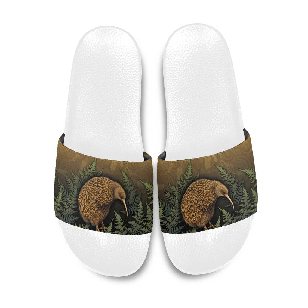 New Zealand Kiwi Bird Slide Sandals Silver Fern Mix Maori Pattern LT05 Brown - Polynesian Pride