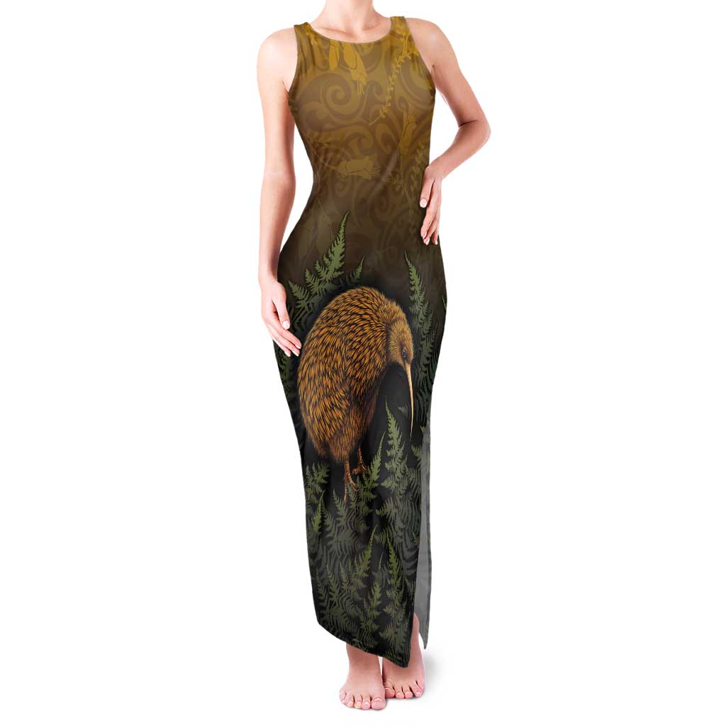 New Zealand Kiwi Bird Tank Maxi Dress Silver Fern Mix Maori Pattern LT05 Women Brown - Polynesian Pride
