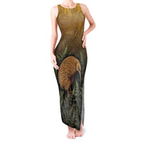 New Zealand Kiwi Bird Tank Maxi Dress Silver Fern Mix Maori Pattern LT05 Women Brown - Polynesian Pride