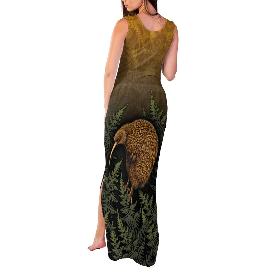 New Zealand Kiwi Bird Tank Maxi Dress Silver Fern Mix Maori Pattern LT05 - Polynesian Pride