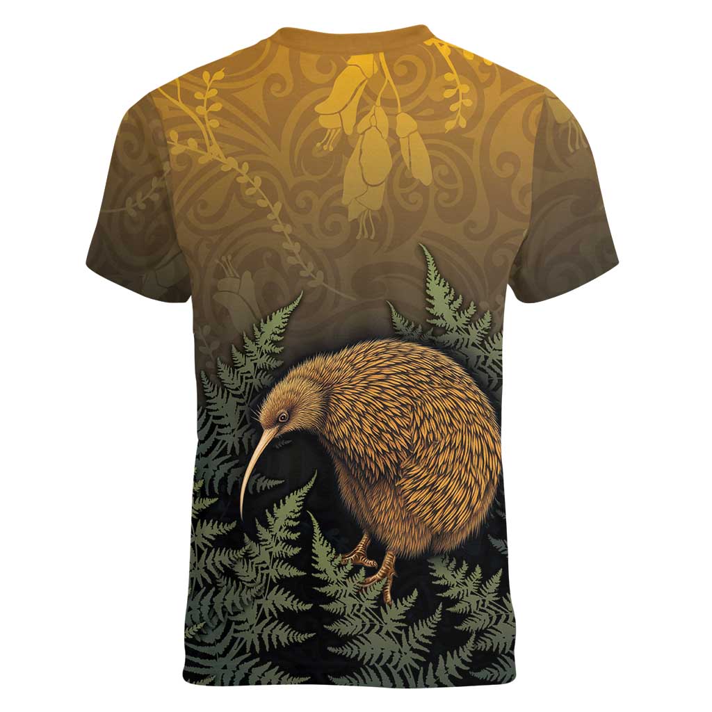 New Zealand Kiwi Bird Women V-Neck T-Shirt Silver Fern Mix Maori Pattern