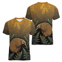 New Zealand Kiwi Bird Women V-Neck T-Shirt Silver Fern Mix Maori Pattern