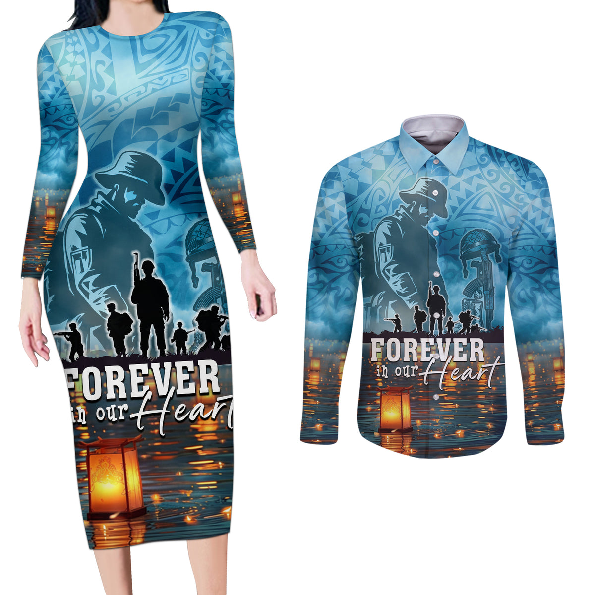 Hawaii Memorial Day Lantern Floating Couples Matching Long Sleeve Bodycon Dress and Long Sleeve Button Shirt Always In Our Hearts LT05 Blue - Polynesian Pride