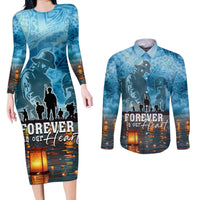 Hawaii Memorial Day Lantern Floating Couples Matching Long Sleeve Bodycon Dress and Long Sleeve Button Shirt Always In Our Hearts LT05 Blue - Polynesian Pride