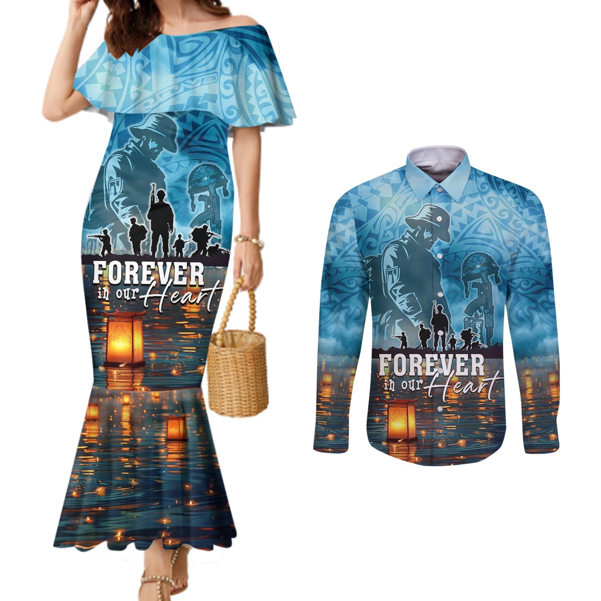 Hawaii Memorial Day Lantern Floating Couples Matching Mermaid Dress and Long Sleeve Button Shirt Always In Our Hearts